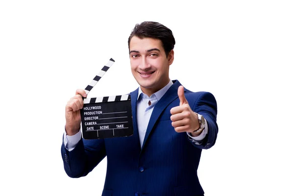 Kjekk mann med filmklapper isolert på hvitt. – stockfoto