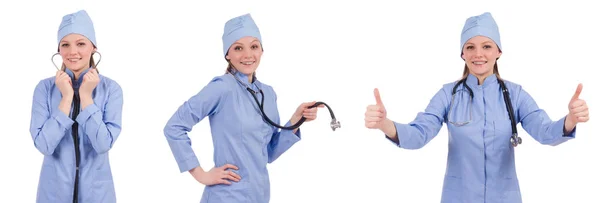 Nő orvos nyomja meg a virtuális gombot — Stock Fotó