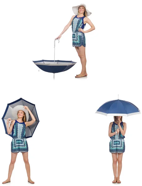 白で隔離の傘を持つ女性のコラージュ — ストック写真