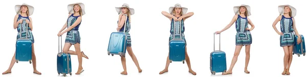 Kollázs a felkészülés a nyaralás elszigetelt fehér nő — Stock Fotó