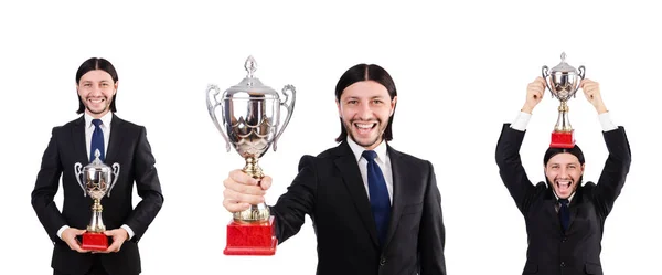 Businessman awarded with prize cup isolated on white — Stock Photo, Image