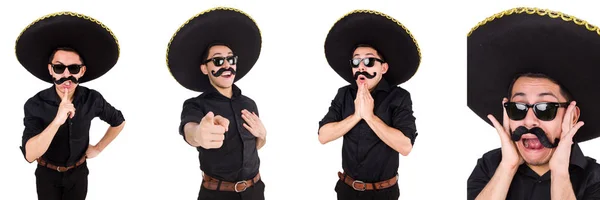 Pria lucu memakai topi sombrero Meksiko terisolasi di atas putih — Stok Foto