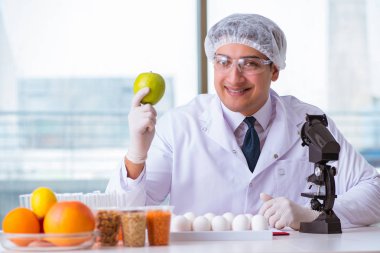 Besin uzmanı gıda ürünlerini laboratuarda test ediyor.