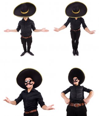 Meksika şapkası takan komik bir adam beyaz şapkalı.