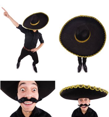 Meksika şapkası takan komik bir adam beyaz şapkalı.