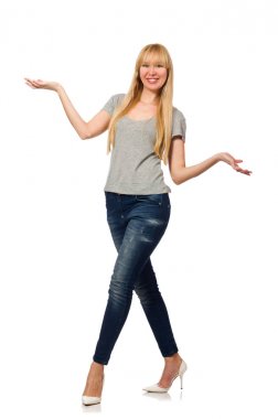 Beyaz arka planda izole edilmiş güzel bir kadın modeli.