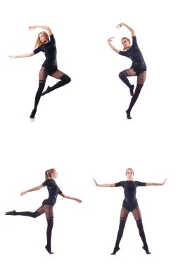 Beyaz arka planda dans eden genç bir kadın