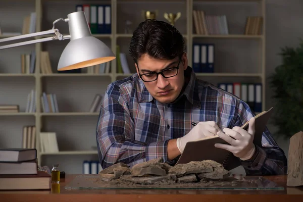 Archeoloog werkt laat in de avond in het kantoor — Stockfoto