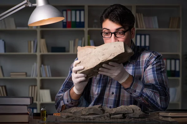 Αρχαιολόγος που εργάζεται ως αργά το βράδυ στο γραφείο — Φωτογραφία Αρχείου