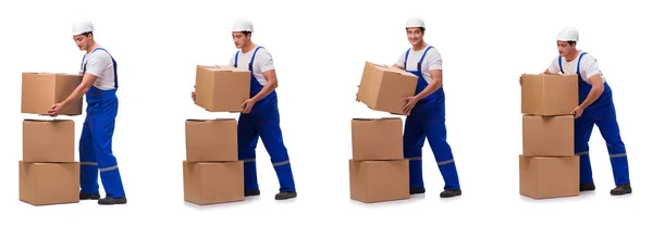 Homem entregando caixa isolada no branco — Fotografia de Stock