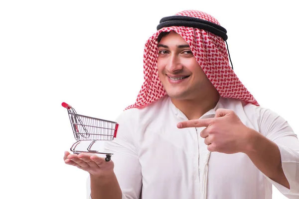 Arabische man met winkelwagen geïsoleerd op wit — Stockfoto