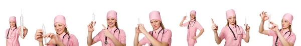 Vrouwelijke arts met spuit op wit — Stockfoto