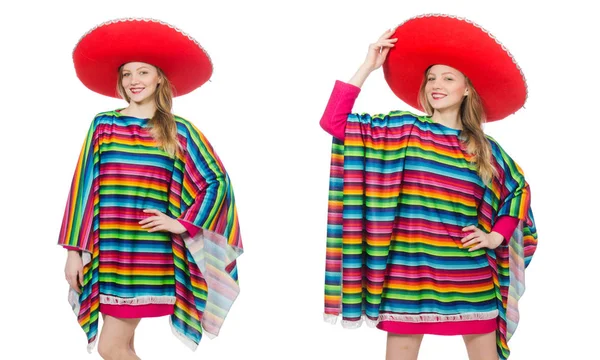 Menina bonita no poncho mexicano isolado no branco — Fotografia de Stock