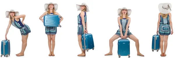 Collage of woman preparing for summer vacation isolated on white — Stock Photo, Image