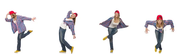 Collage van vrouw dansen geïsoleerd op wit — Stockfoto