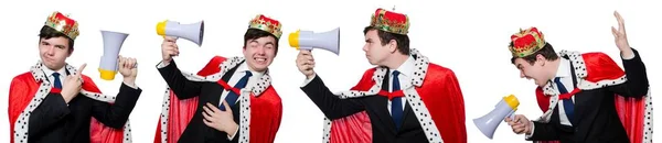 Man with crown and megaphone isolated on white — Stock Photo, Image