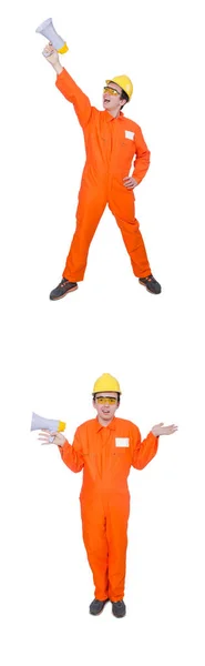 Builder with loudspeaker isolated on white — Stock Photo, Image