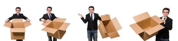 Hombre divertido con cajas aisladas en blanco — Foto de Stock