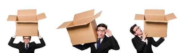 Uomo divertente con scatole isolate su bianco — Foto Stock