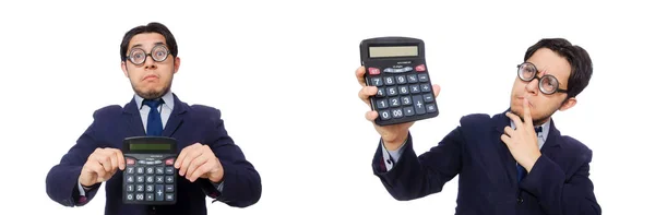 Hombre divertido con calculadora aislado en blanco —  Fotos de Stock