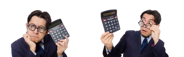 Homme drôle avec calculatrice isolé sur blanc — Photo