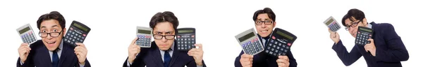 Hombre divertido con calculadora aislado en blanco — Foto de Stock