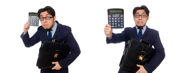 Hombre divertido con calculadora aislado en blanco — Foto de Stock