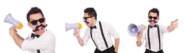 Emotional man with loudspeaker isolated on white — Stock Photo, Image