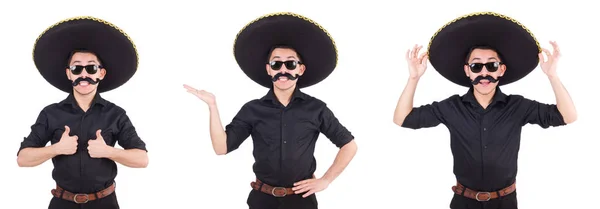 Hombre divertido con sombrero mexicano sombrero aislado en blanco —  Fotos de Stock