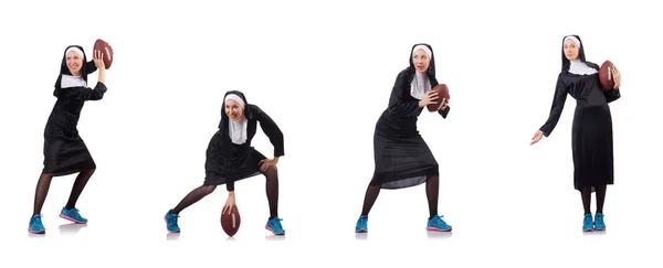 Pretty nun with rugby ball isolated on white — Stock Photo, Image