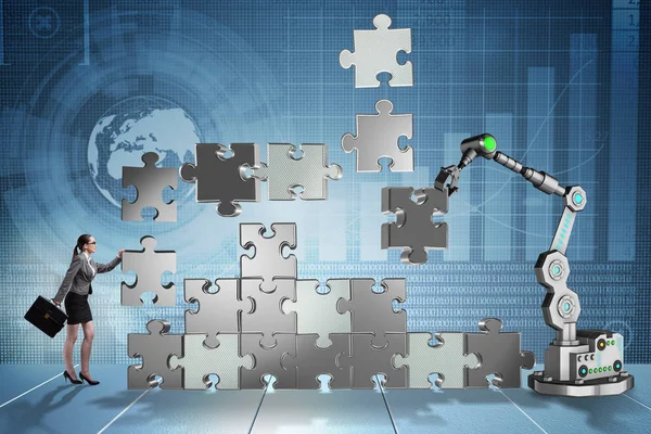 Businesswoman doing jigsaw puzzle with robotic arm — Stock Photo, Image