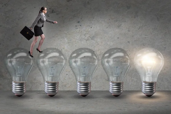 Businesswoman in new idea concept with light bulb — Stock Photo, Image