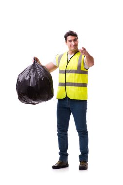 Man with garbage sack isolated on white clipart