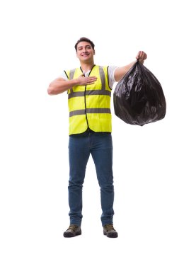 Çöp torbası olan adam beyazda izole edilmiş.