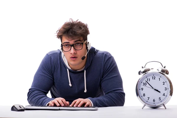Funny nerd call center operator with giant clock — Stock Photo, Image