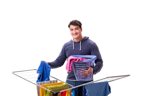 Husband man doing laundry isolated on white — Stock Photo, Image