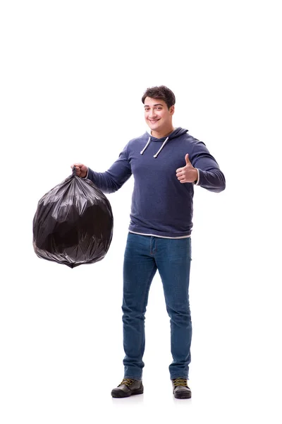 Hombre con saco de basura aislado en blanco — Foto de Stock