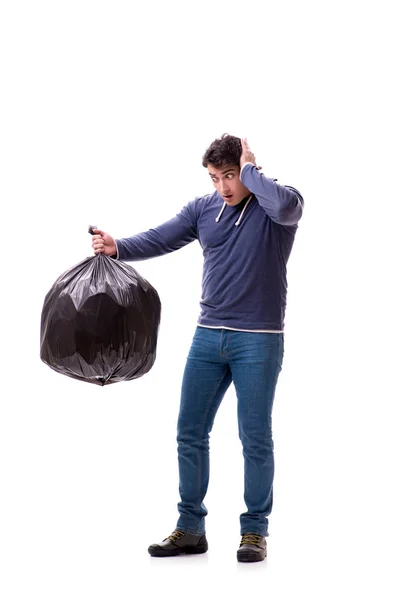 Man met vuilniszak geïsoleerd op wit — Stockfoto