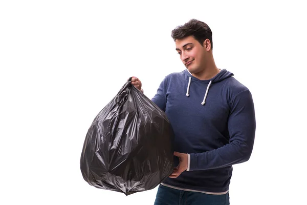 Man with garbage sack isolated on white — Stock Photo, Image