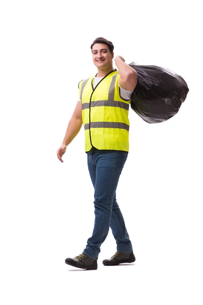 Man with garbage sack isolated on white — Stock Photo, Image