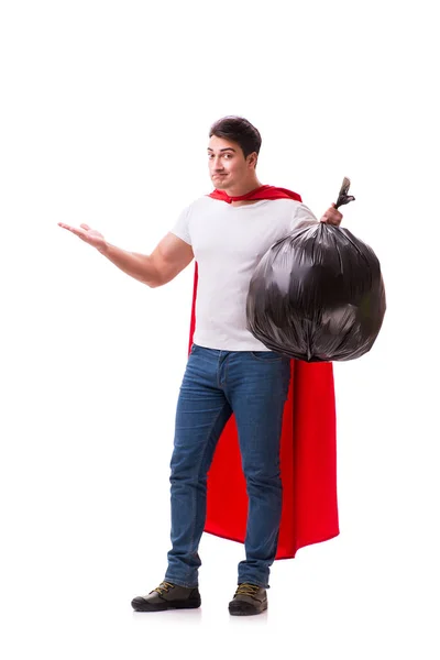 Superhero man with garbage sack isolated on white — Stock Photo, Image