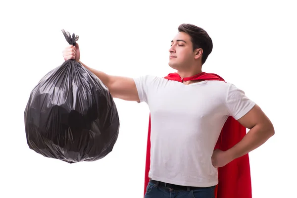 Superheld man met vuilnis zak geïsoleerd op wit — Stockfoto