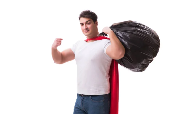 Superheld man met vuilnis zak geïsoleerd op wit — Stockfoto