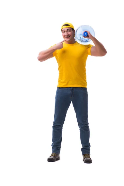 El hombre entrega botella de agua aislada en blanco — Foto de Stock