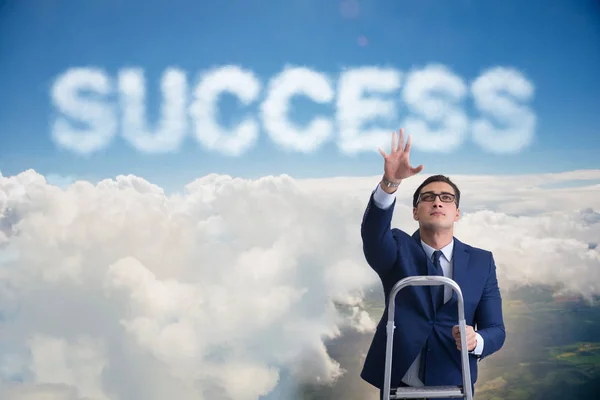 Empresário alcançando sucesso com escada de mão de carreira — Fotografia de Stock
