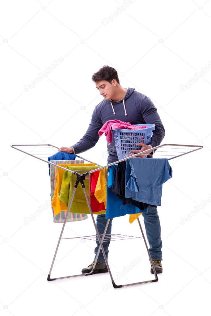 Husband man doing laundry isolated on white
