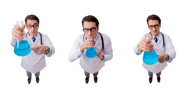 Médecin drôle avec liquide bleu isolé sur blanc — Photo