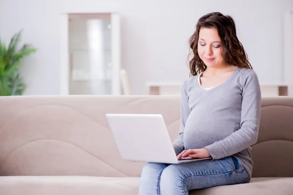 Terhes nő dolgozik laptop ül a kanapén — Stock Fotó