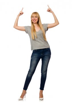 Beyaz arka planda izole edilmiş güzel bir kadın modeli.