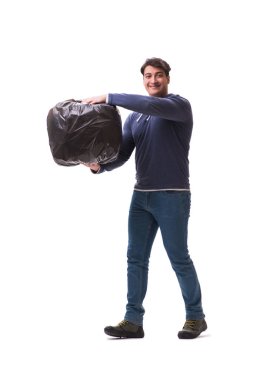 Çöp torbası olan adam beyazda izole edilmiş.